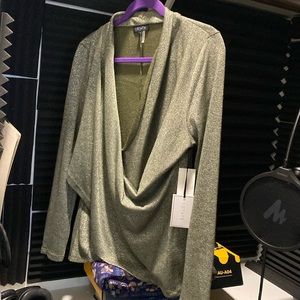 Olive colored shiny drape v neck blouse size L